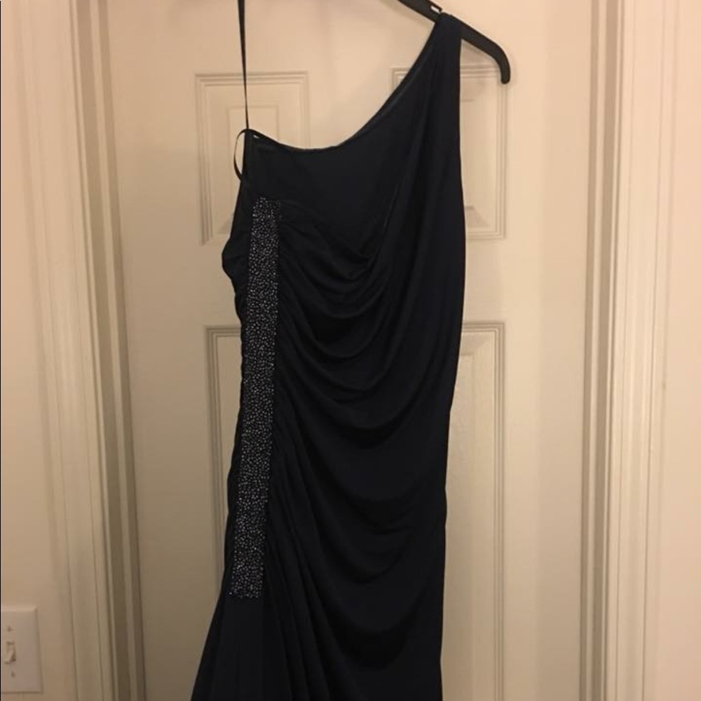 Navy blue long evening gown.